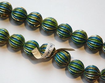Vintage Brass Melon Beads Painted Green Blue Japan bds999B