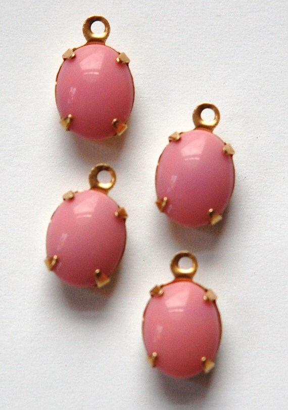 Vintage Opaque Pink Oval Stones In 1 Loop Brass Setting