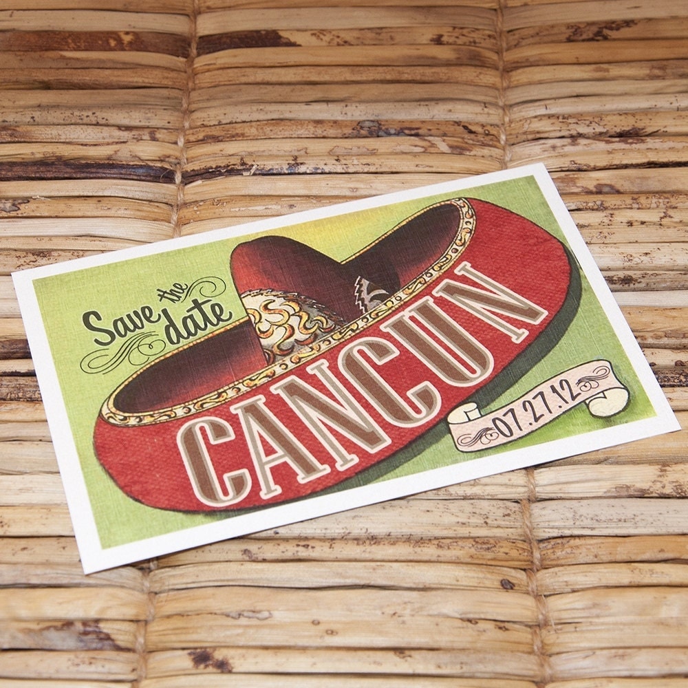 Save the Date Postcard Cancun Vintage Mexico Sombrero