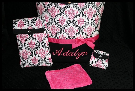 Items similar to Personalized Baby Girl Diaper Bag With Wipes Case, Pacifier Pouch And Large ...