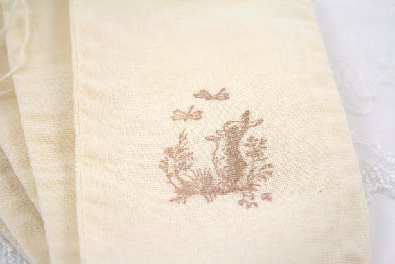 Bunny Muslin Favor Bags  Drawstring Gift Bags - Stamped Bunny Rabbit ...