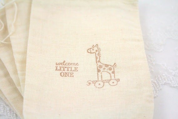 Muslin Favor Bags  Drawstring Gift Bags - Stamped Giraffe - Baby ...