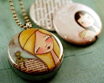 Angel Artwork Locket Necklace, Angel Necklace, Angel Locket, Gift for Girl, Magnetic With 3 Interchangeable Lids, Dudadaze Art, Polarity