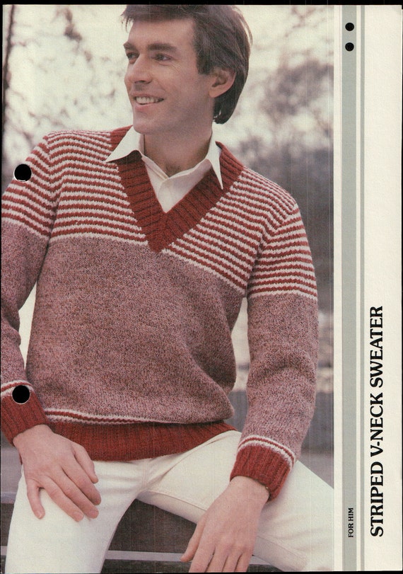 Vintage Mens Striped V-Neck Sweater Knitting Pattern Knit