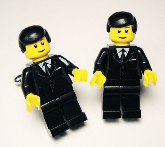 Full body man in suit and tie LEGO silver toned cufflinks in