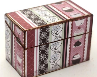 ON SALE Wood Recipes Box Pink and Brown Cupcake Shabby