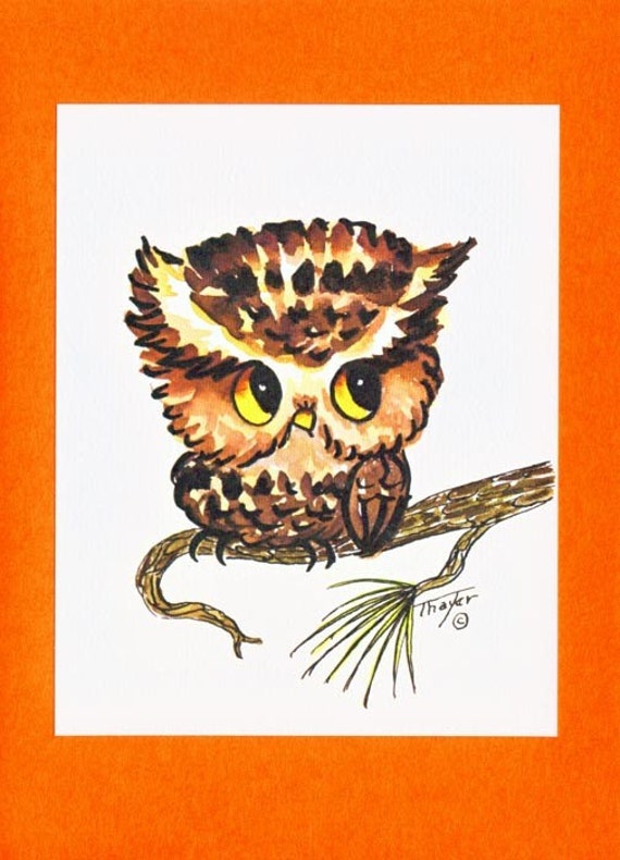 Vintage 60s Cute Big Eyed Owl Art Print Card By Thayer