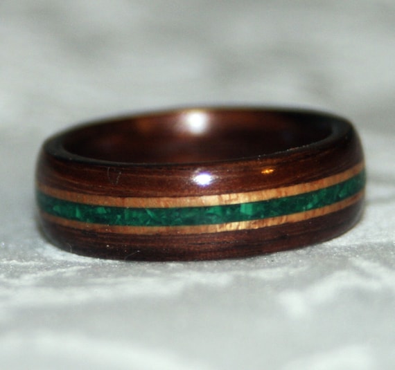 Wooden Ring or Wedding Band with Stone Inlay Bent Wood
