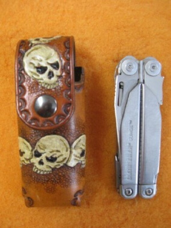 Items similar to Custom Made Leather Multi Tool Pouch With Skulls on Etsy