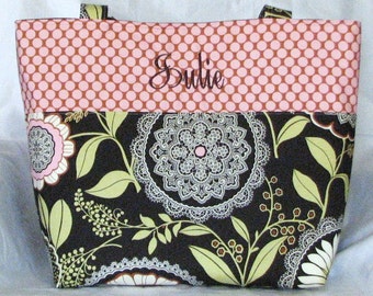 Personalized Diaper Bag Tote . Weekender/XL size in Amy Butler OLIVE Lacework and Camel Dot . Monogrammed Tote