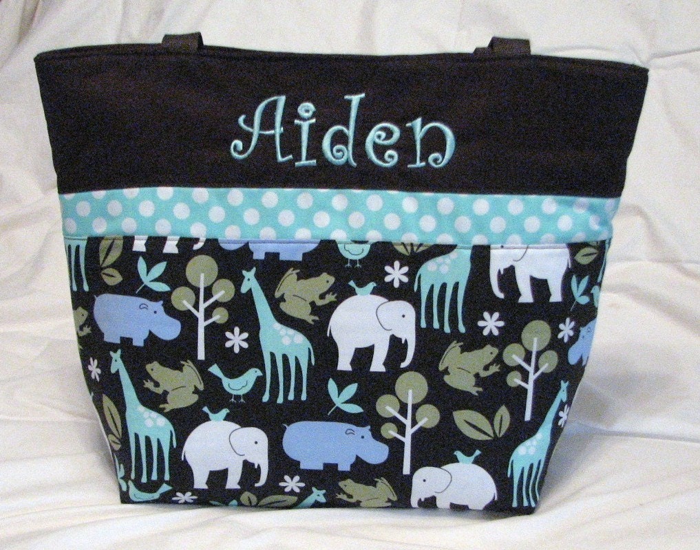 Boy Diaper bag . Zoology brown and aqua . Regular Size