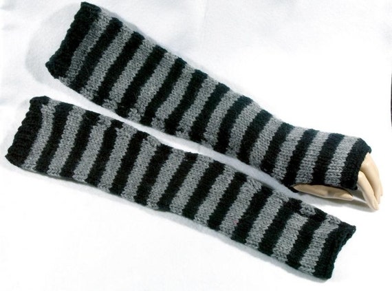 Arm Warmers Fingerless Gloves Striped Grey Black Wool 40cm
