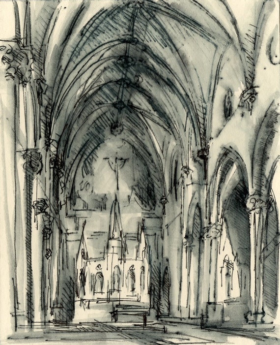 Items similar to Original Drawing - Architectural Church Interior ...