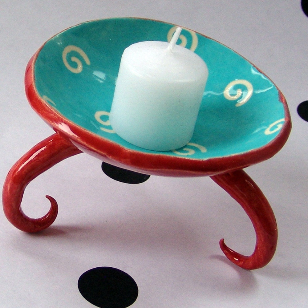 ceramic dish w/ curly feet in red & turquoise by maryjudy on Etsy