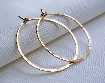 Gold fill Hoop Earrings, Gold Filled Hoop Earrings, Hammered Hoop, Dainty, 1 inch, Medium, Simple Classic Hoops, 14KT Gold Fill, Plain Hoops
