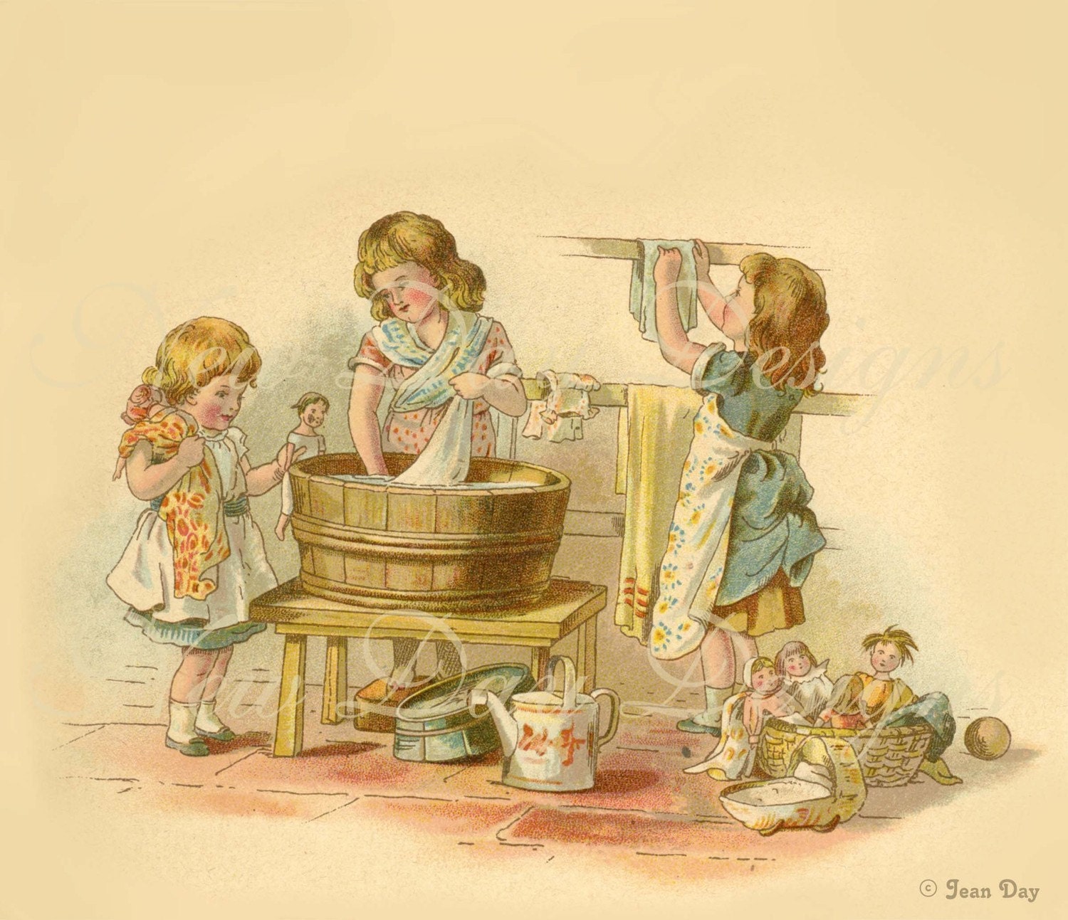 Washing Doll's Clothes late 1800's Antique book page