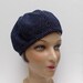 1930 Style Beret in Midnight Blue and White Wool Crepe