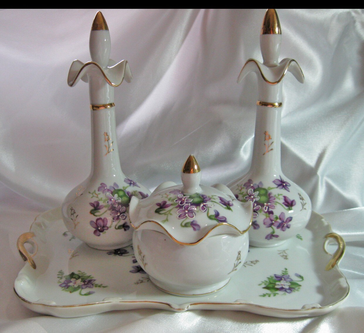 Vintage Porcelain Vanity Set Hand Painted Violets Signed