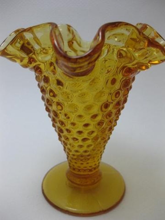 Vintage Fenton Amber Hobnail Ruffled Miniature Vase