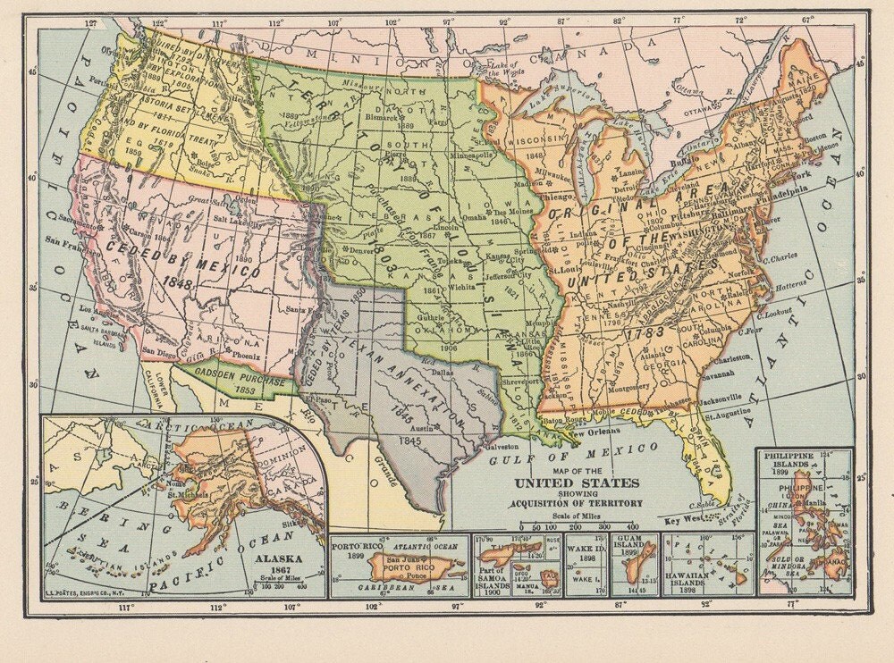 1907 Antique Map of the United States showing Acquisition of