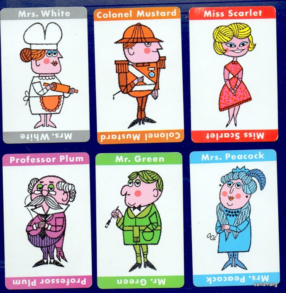 Six Vintage 1960s Clue Character Cards