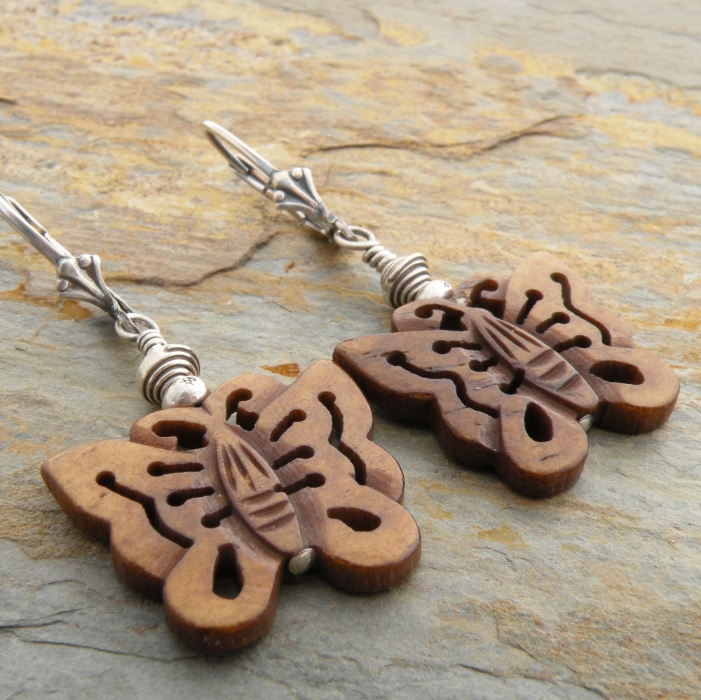 Brown Earrings Butterflies Carved Wood by CarolBradleyDesigns