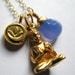 Peaceful meditation Gold vermeil seated Buddha lotus position bodhi blue chalcedony lotus coin medallion necklace chain pendant charm boho buddhism global peace east asia india tibet jewelry