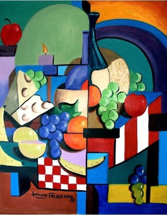Bottle Of Wine Fruit Of The Vine Poster / Print Giclee Cubism