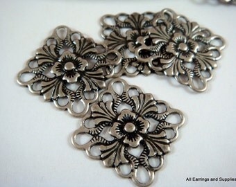 12 Antique Silver Filigree Link Connector Brass Pendant Drop Square or Diamond Stamping 16mm - 12 pc - 5134