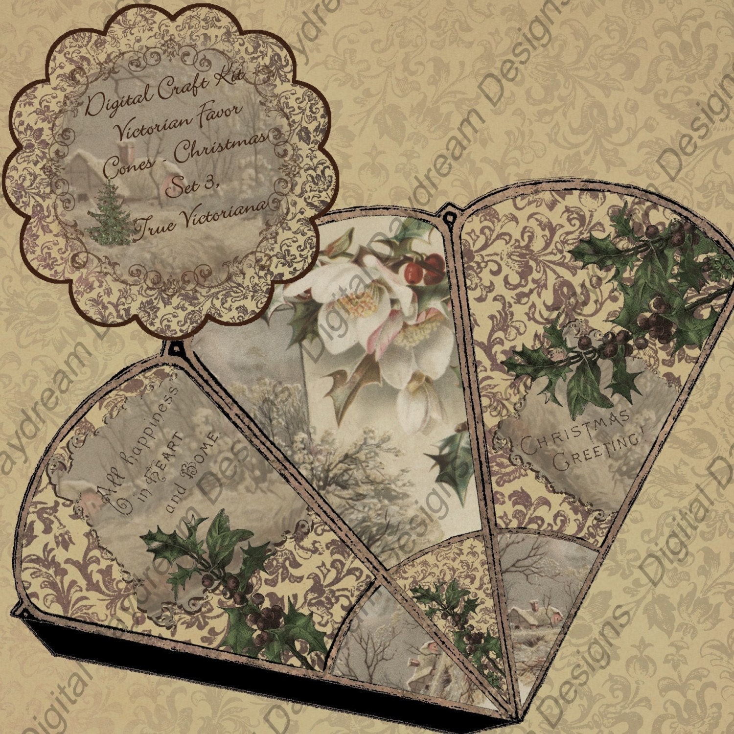 Instant Download Digital Printable Victorian Favor Cone Kit - Christmas Set 3, True Victoriana