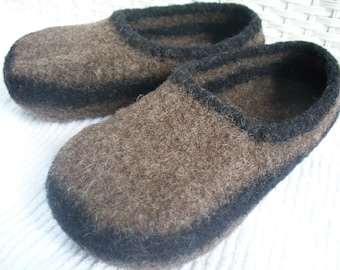 felted wool slippers, wool slippers, brown wool slippers, boiled wool slippers, mens slippers, womens slippers, womens felted wool slippers