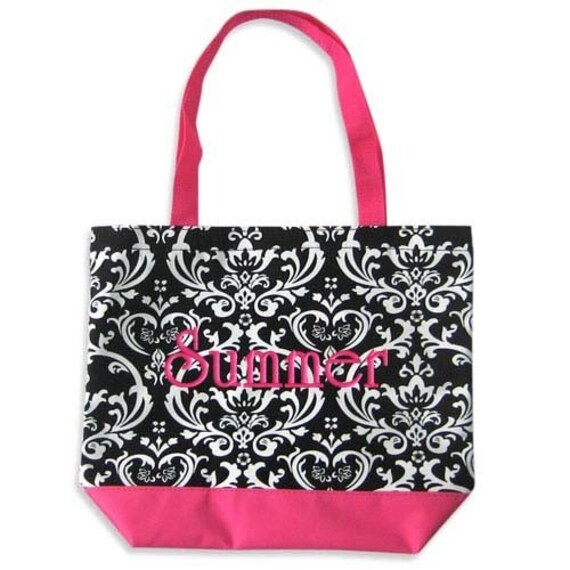 Personalized Tote Bag Damask Black Pink Monogrammed Wedding Dance