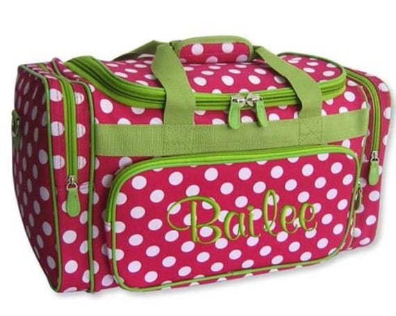 Personalized Duffle Bag Hot Pink White Lime Polka Dots DANCE