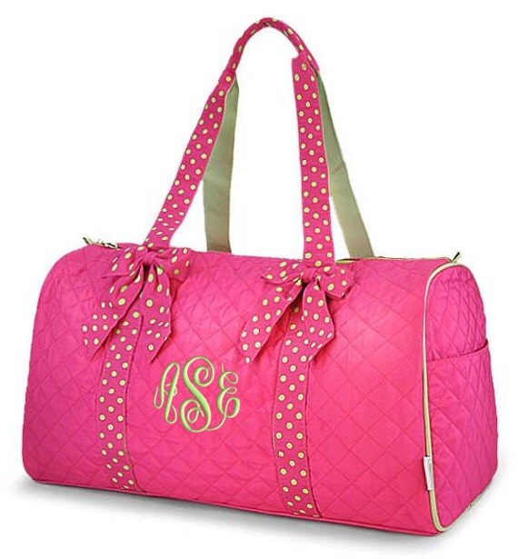Personalized Duffle Bag Hot Pink Lime Green Polka Dots DANCE
