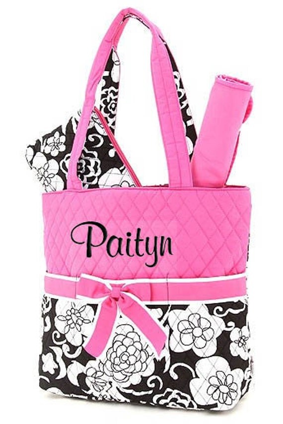 Diaper Bag Personalized Floral Pink White Monogrammed Quilted