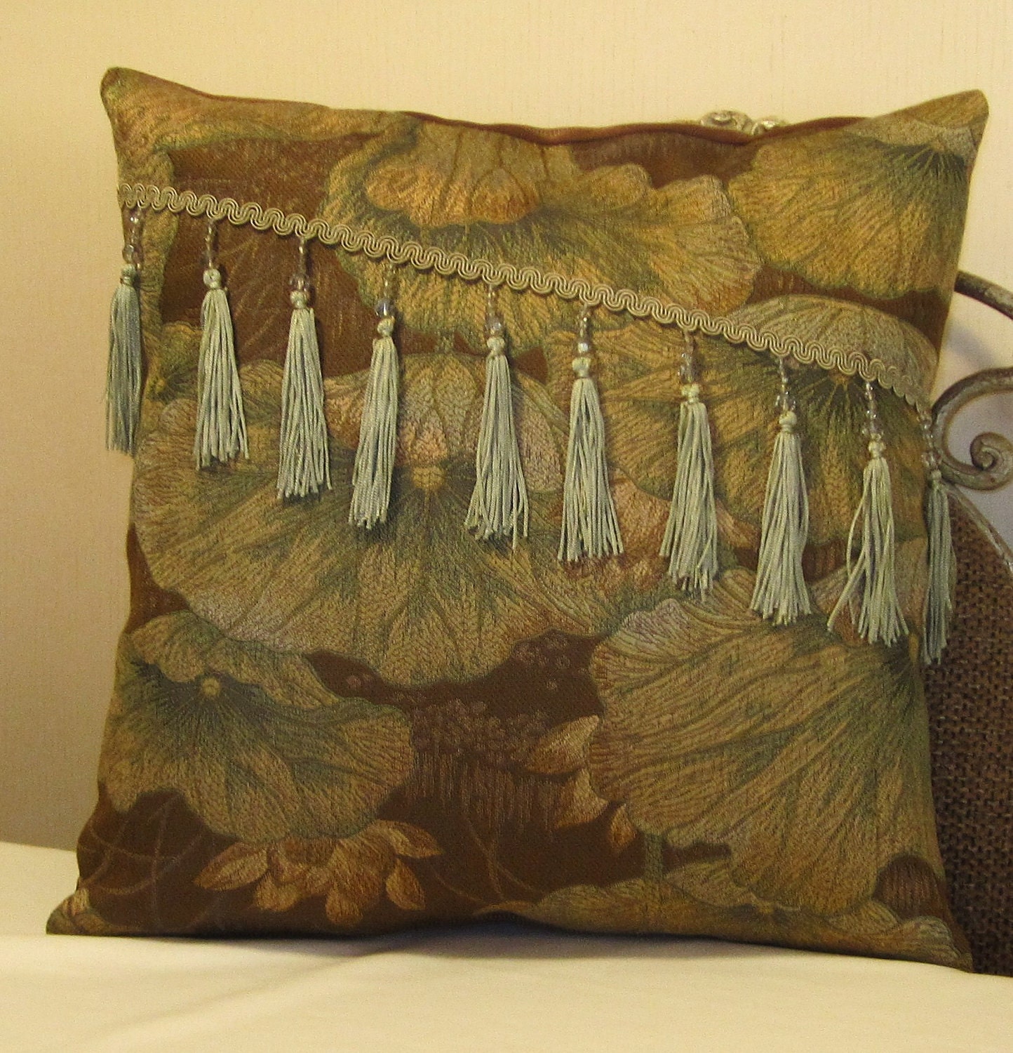 Pillow Cover ONLY Brown with Large Sage Green Floral Pattern