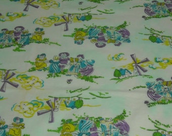 vintage 70s juvenile novelty fabric featuring cute dutch kids and windmill motif, 24 inches