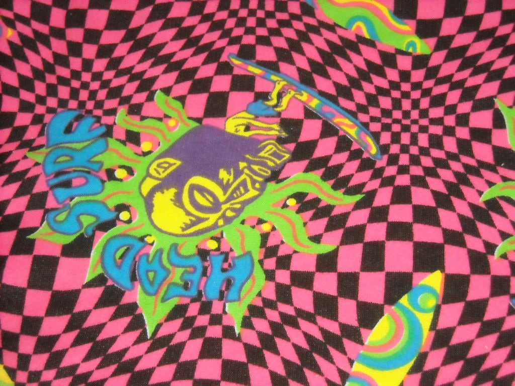 vintage 80s novelty print fabric featuring bold tiki head