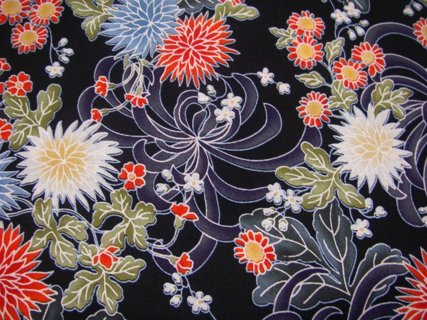 Japanese Chrysanthemum Print Fabric Black