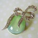 Vintage .. Brooch Silvertone Sea Green and Czech Rhinestone Bow