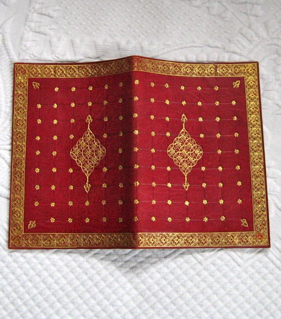 VINTAGE GOLD EMBOSSED MOROCCAN LEATHER BOOK COVER 1970s