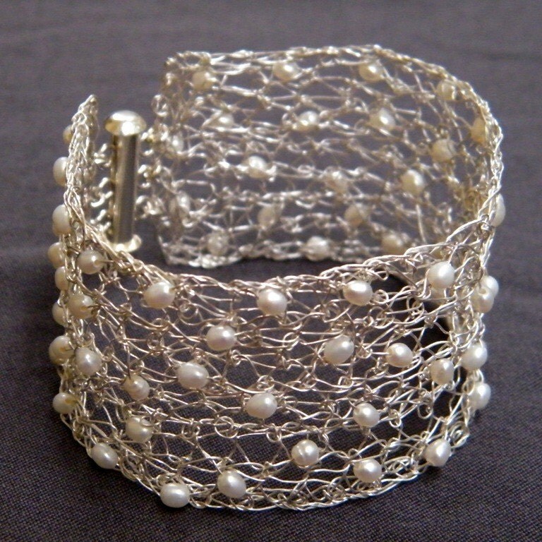 Pearl and Silver Bracelet Crochet Silver Wire Fresh Water