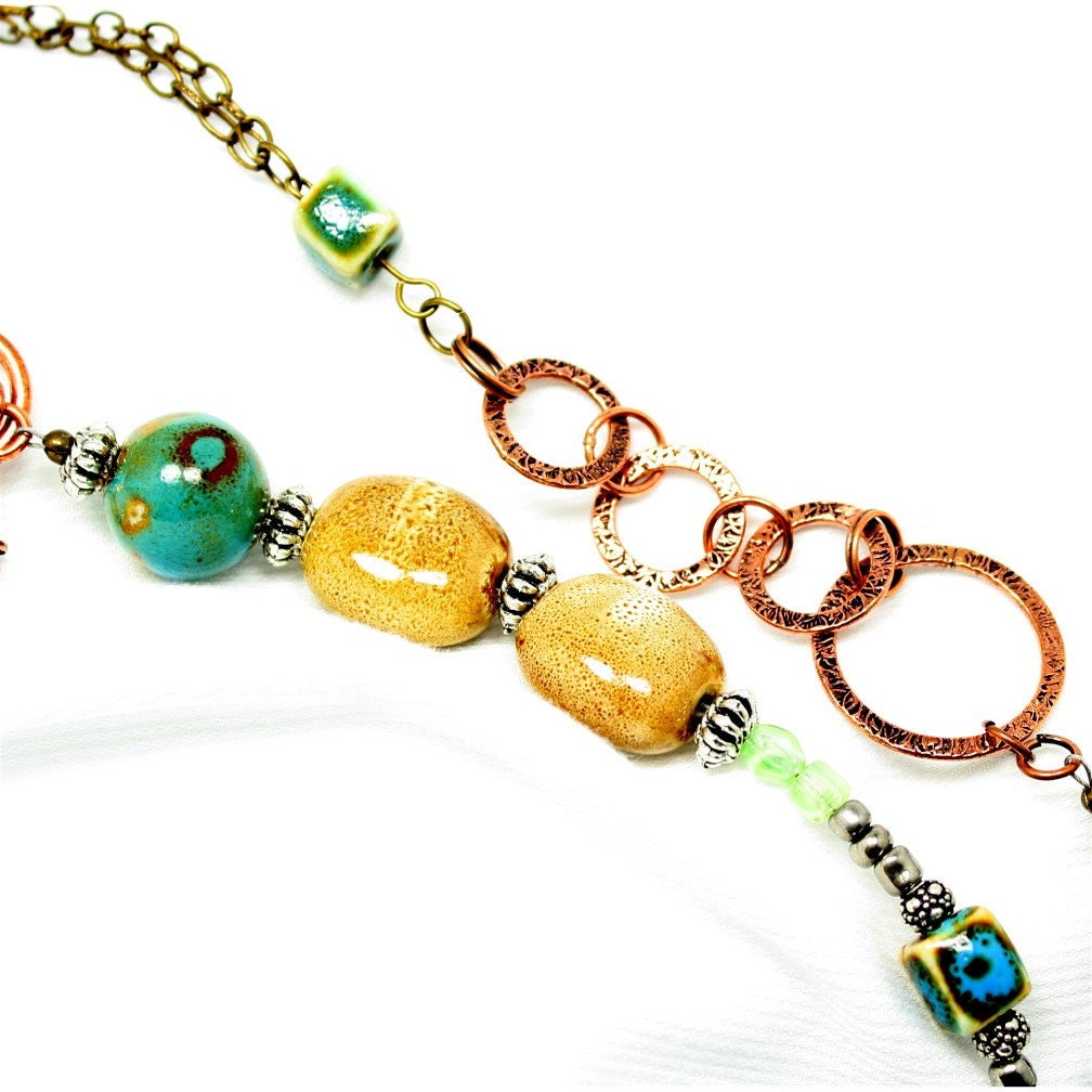 Polymer clay jewelry mixed media necklace ceramic beads and
