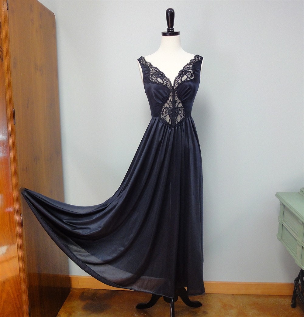 OLGA Jet Black Long Nightgown Plunging Neckline by StelmaDesigns