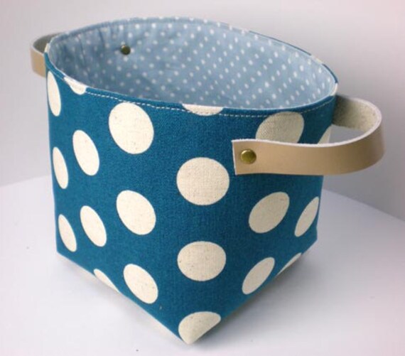 Fabric organizer basket with leather handles Dots in Teal