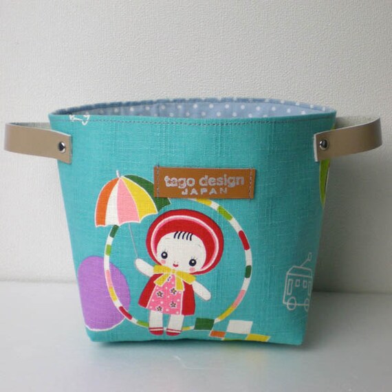 Fabric organizer basket with leather handles Retro girl