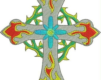 Tattoo Inspired Flaming Cross Embroidery Design