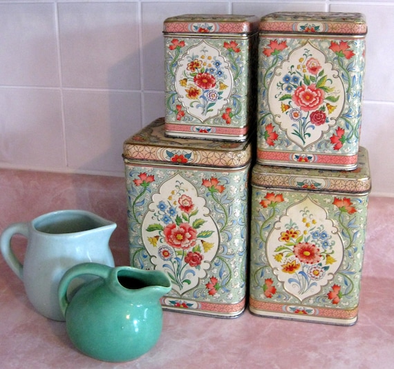 Vintage Canister Set with Rose and Jadeite Green