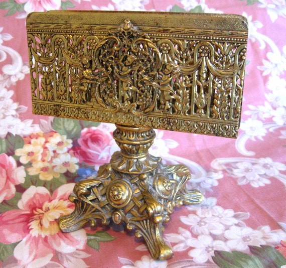 Antique Ornate Brass Letter Holder Desk Organizer Cherubs