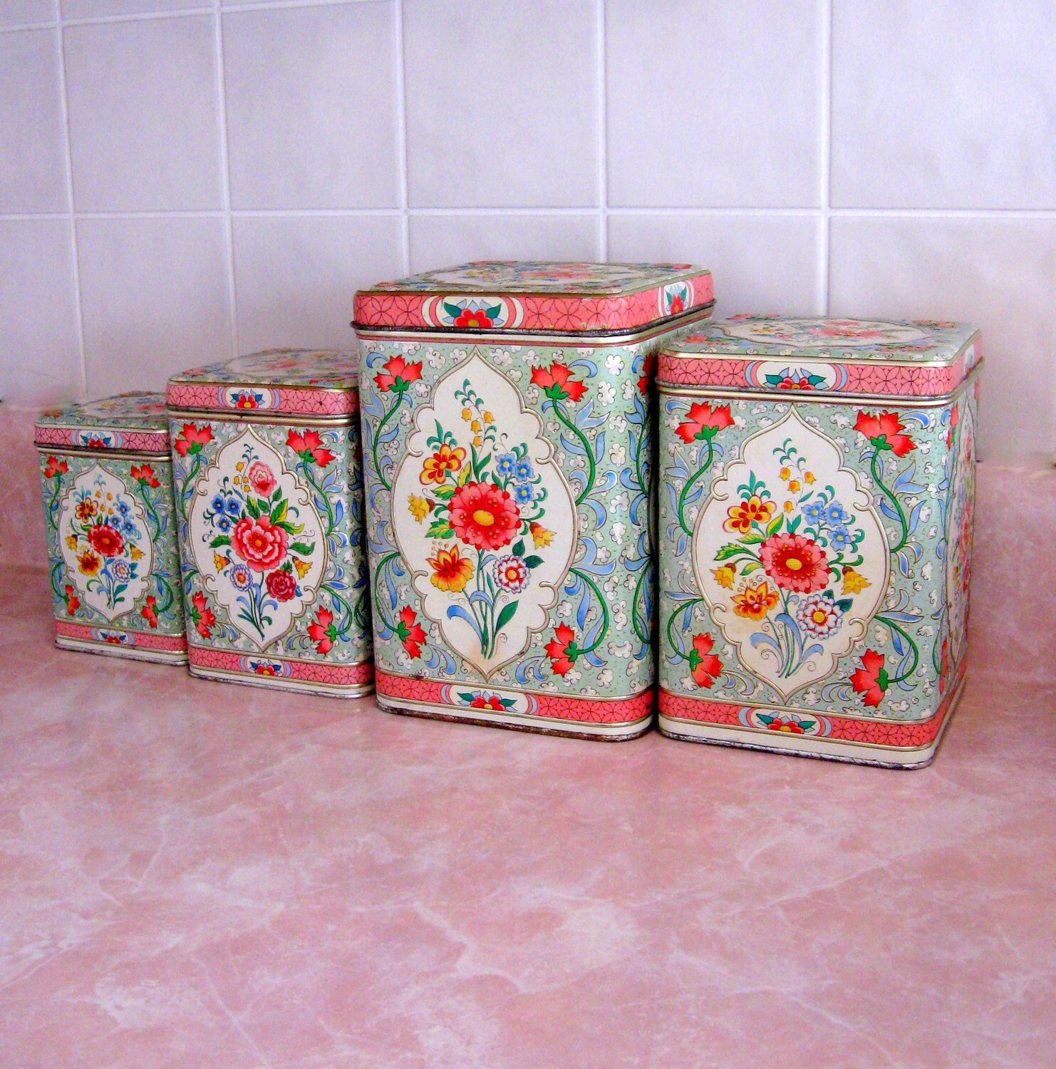 Vintage Canister Set with Rose and Jadeite Green